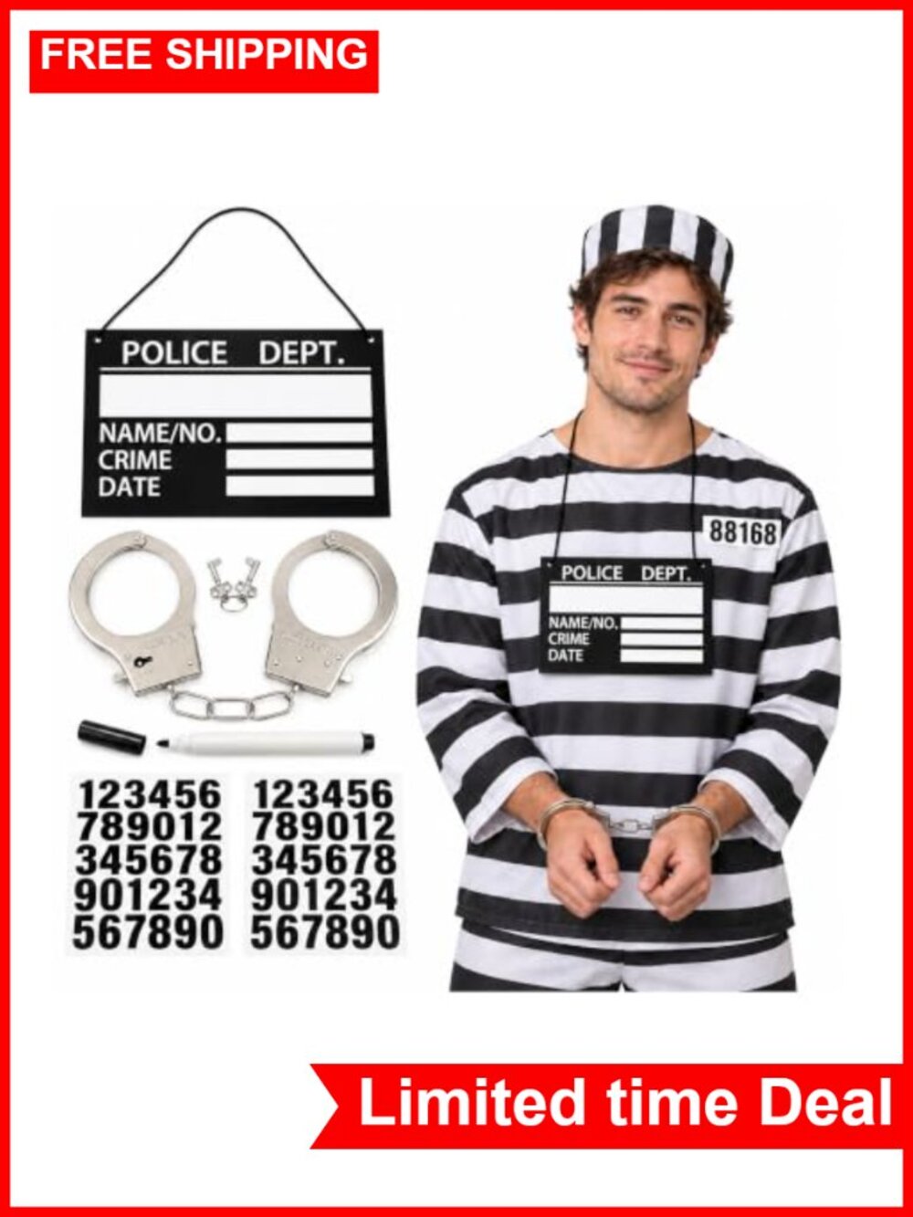 Prisoner Costume Accessories Set with Handcuffs